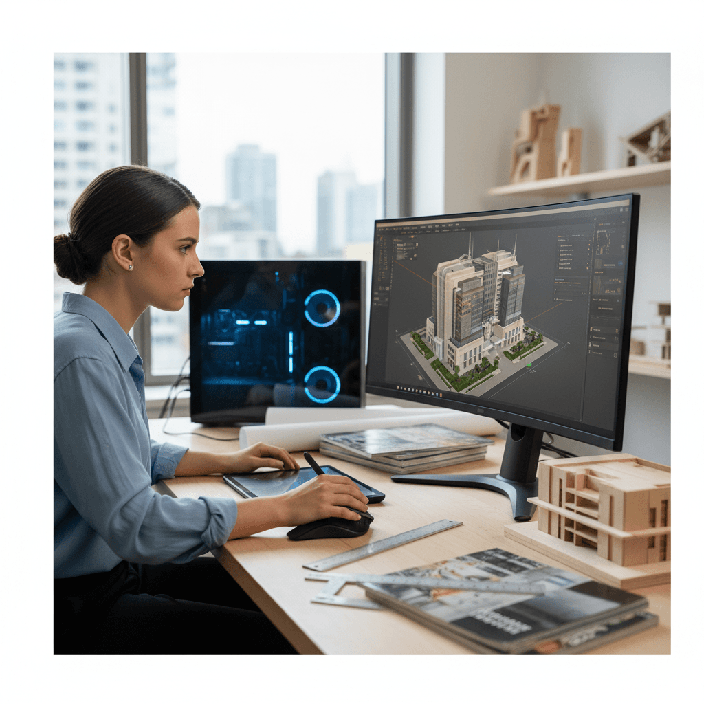 Architectural student focused on 3D model in a modern workspace