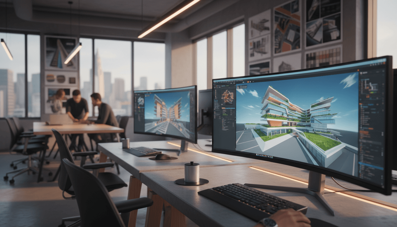 Studio de visualisation architecturale avec écrans affichant des rendus 3D et plans architecturaux