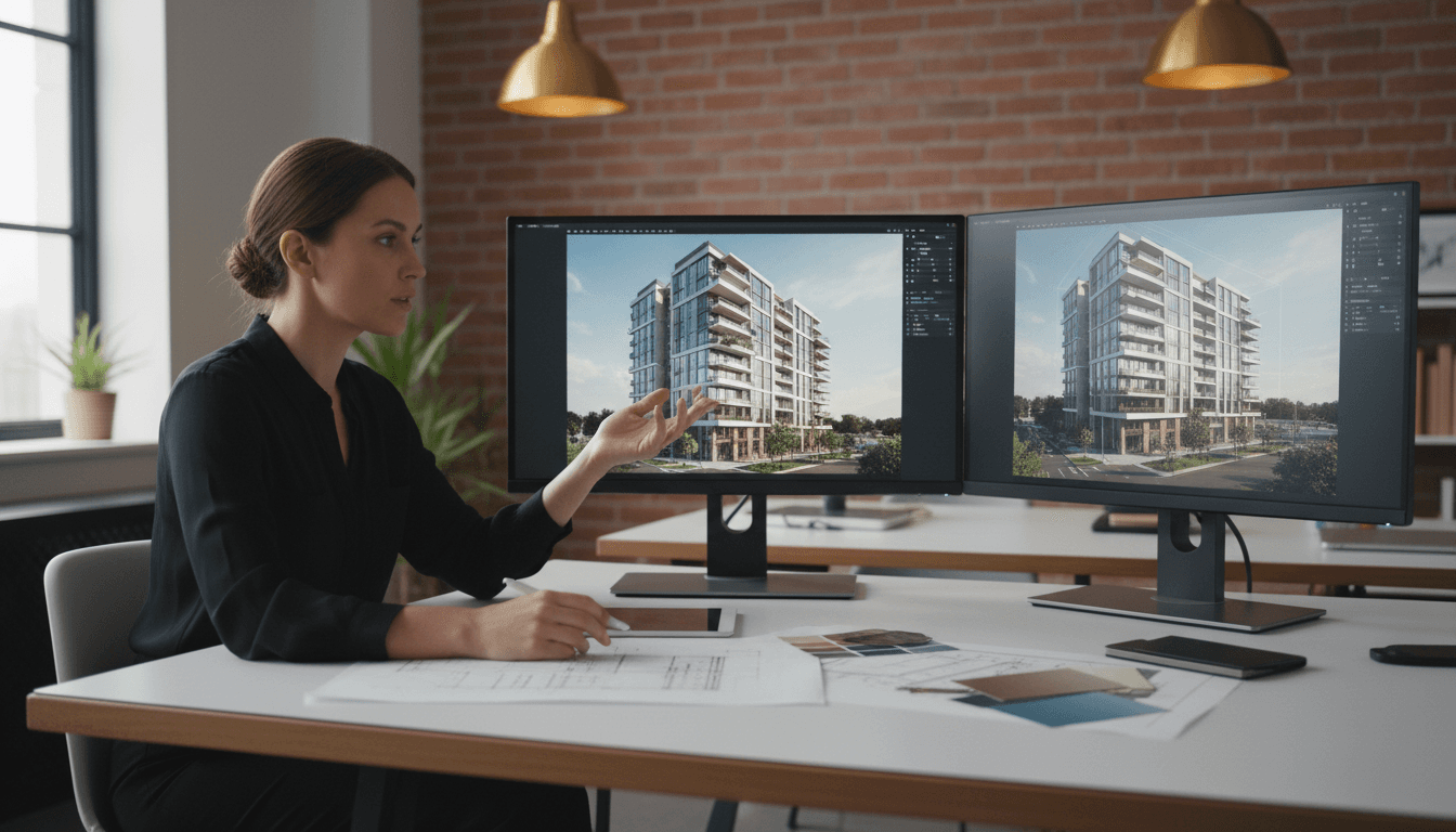 Étudiant en architecture travaillant sur une visualisation 3D dans un studio professionnel moderne