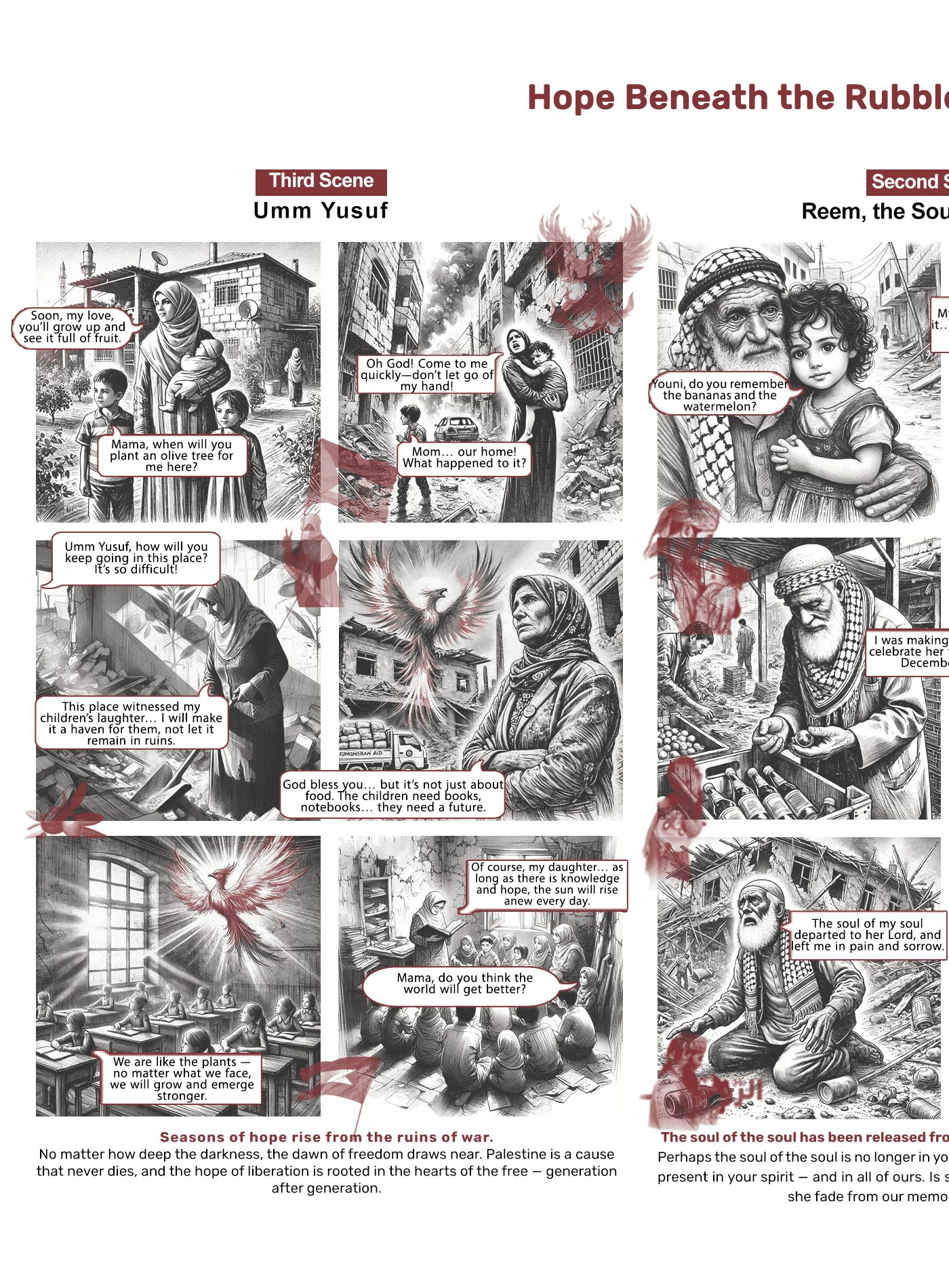 Bande dessinée illustrant la résilience et l'espoir palestiniens parmi les ruines de la guerre.