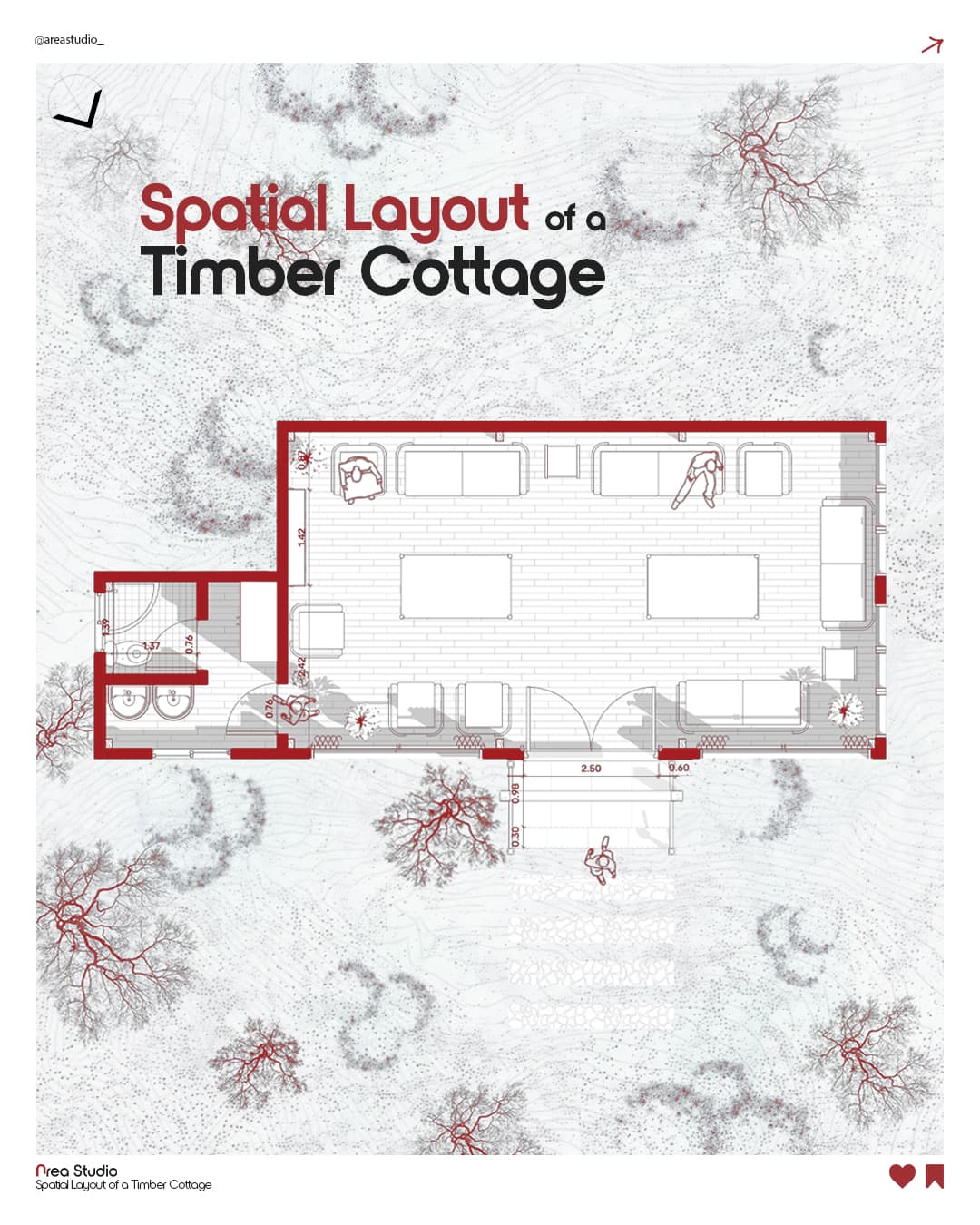 Plan d'aménagement spatial d'un chalet en bois avec mobilier détaillé et paysage environnant arboré.