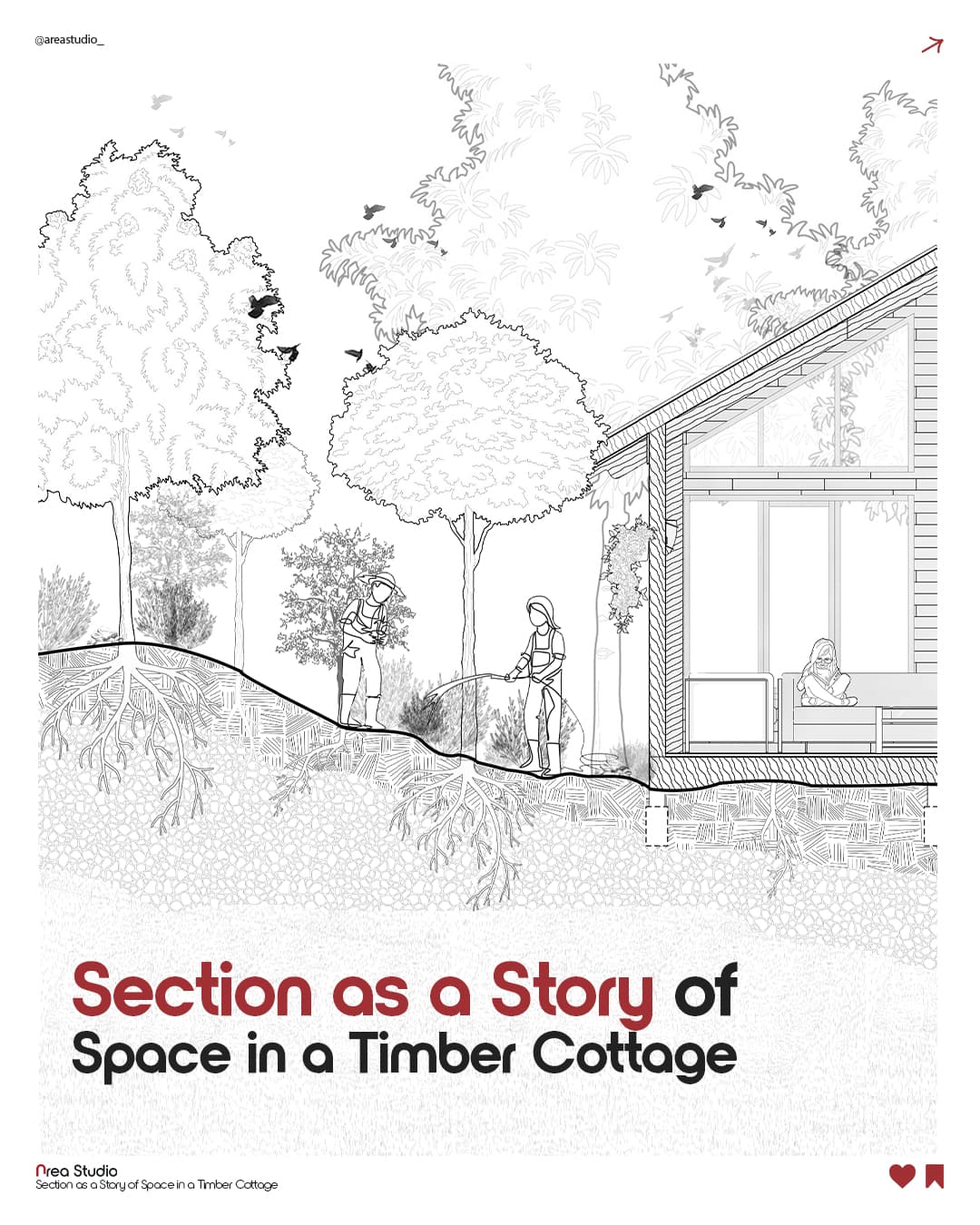 Coupe d'un chalet en bois illustrant la vie quotidienne entre jardinage et lecture intérieure.