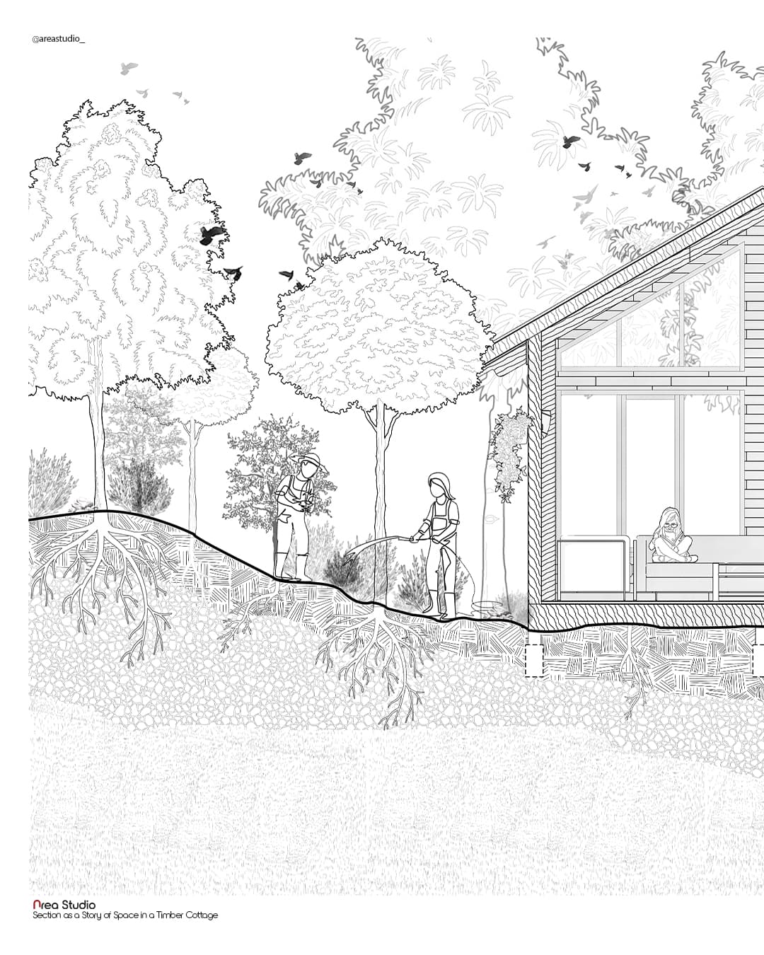 Coupe d'un chalet en bois montrant des jardiniers et des arbres aux racines apparentes.