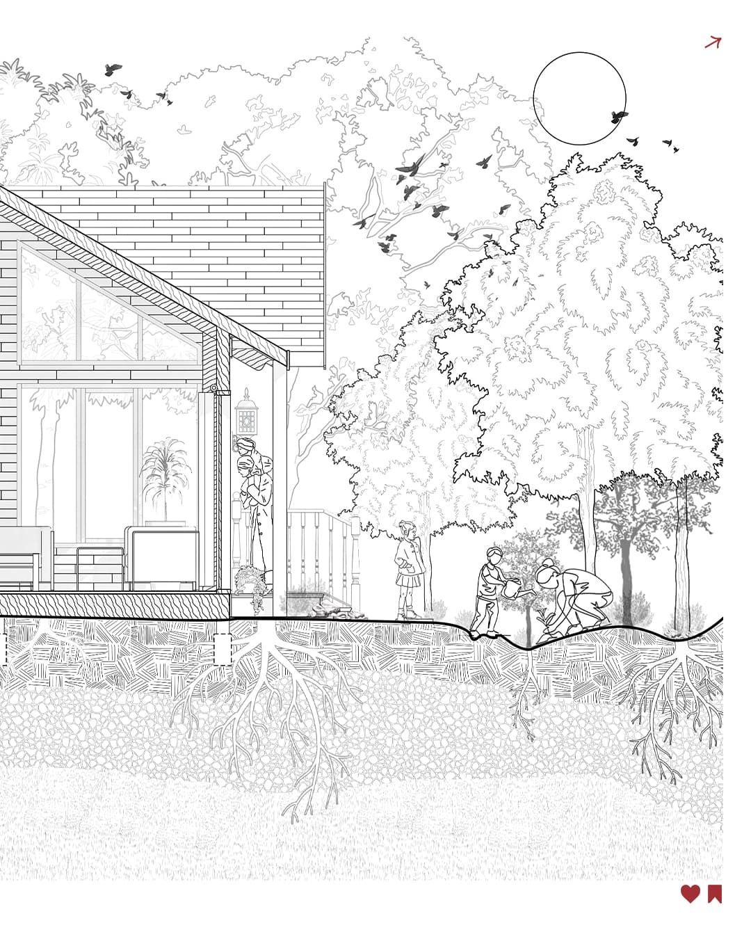 Coupe transversale d'une famille jardinant devant une maison moderne avec des racines d'arbres visibles.