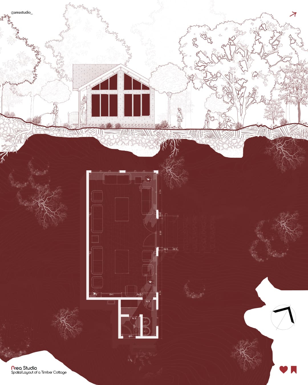 Élévation et plan d'un chalet en bois avec grandes fenêtres dans un paysage forestier.