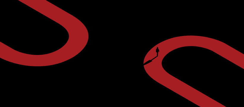 Silhouette d'une personne marchant sur un chemin rouge sinueux sur fond noir minimaliste.