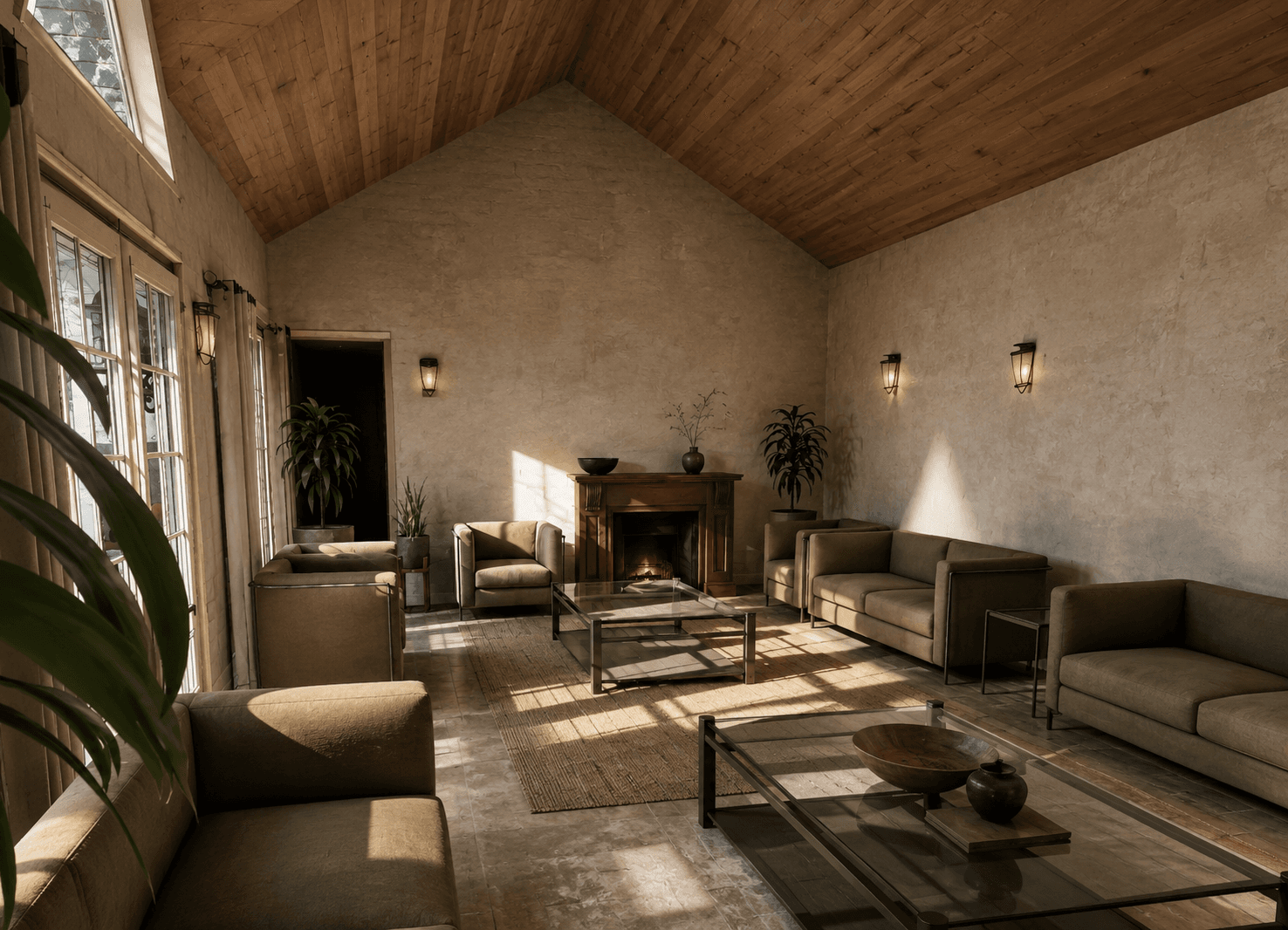 Salon chaleureux avec canapés vert olive, cheminée allumée et haut plafond voûté en bois.