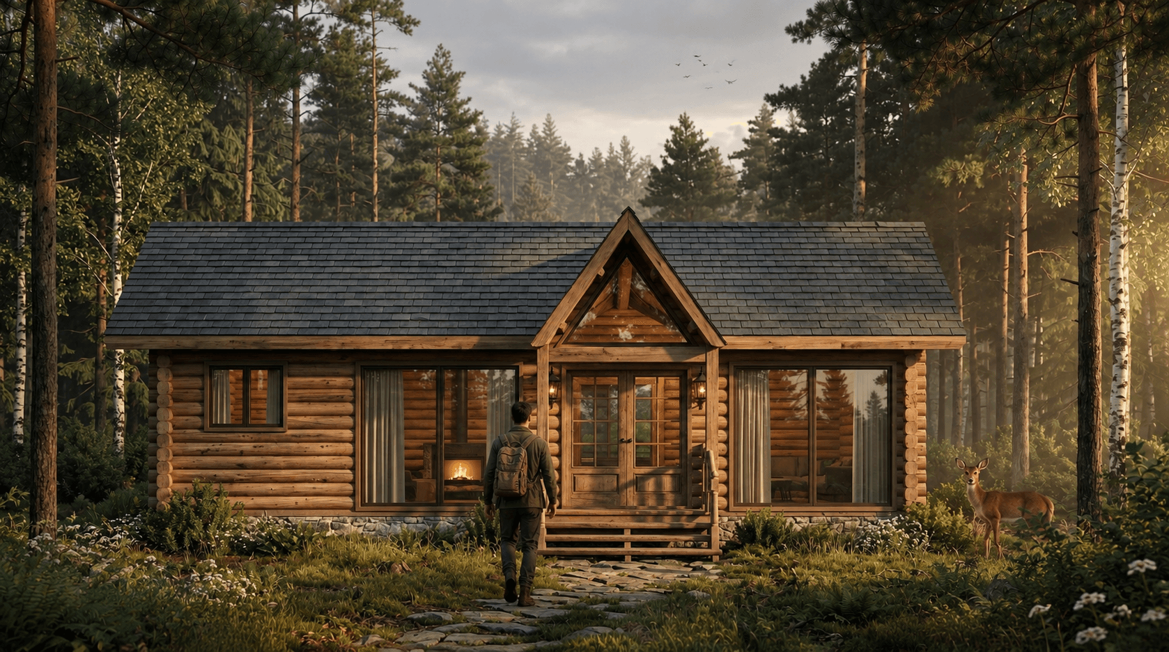 Un randonneur s'approche d'un chalet en bois dans une forêt calme avec un cerf.