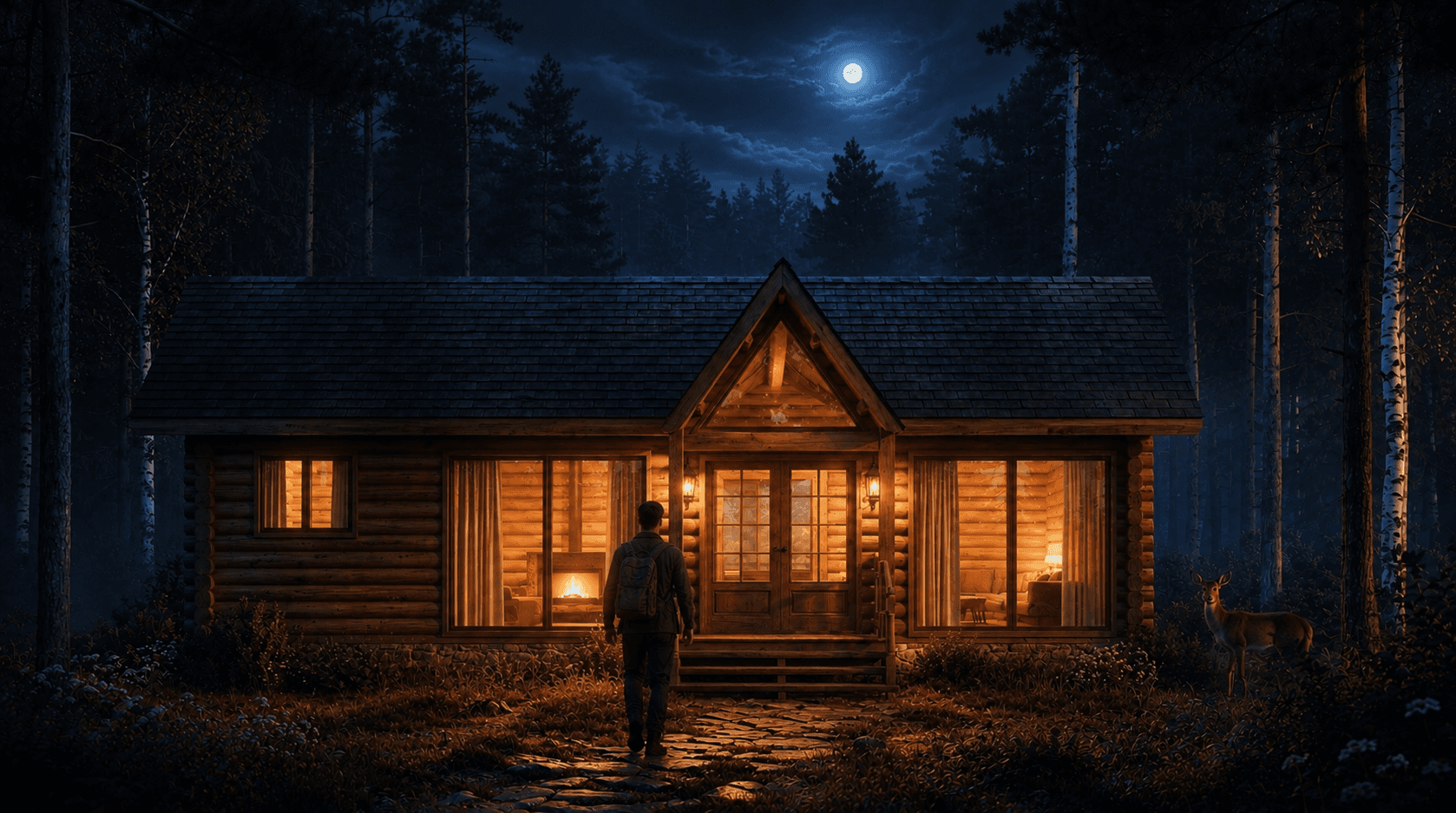 Homme au sac à dos marchant vers un chalet éclairé sous la pleine lune.