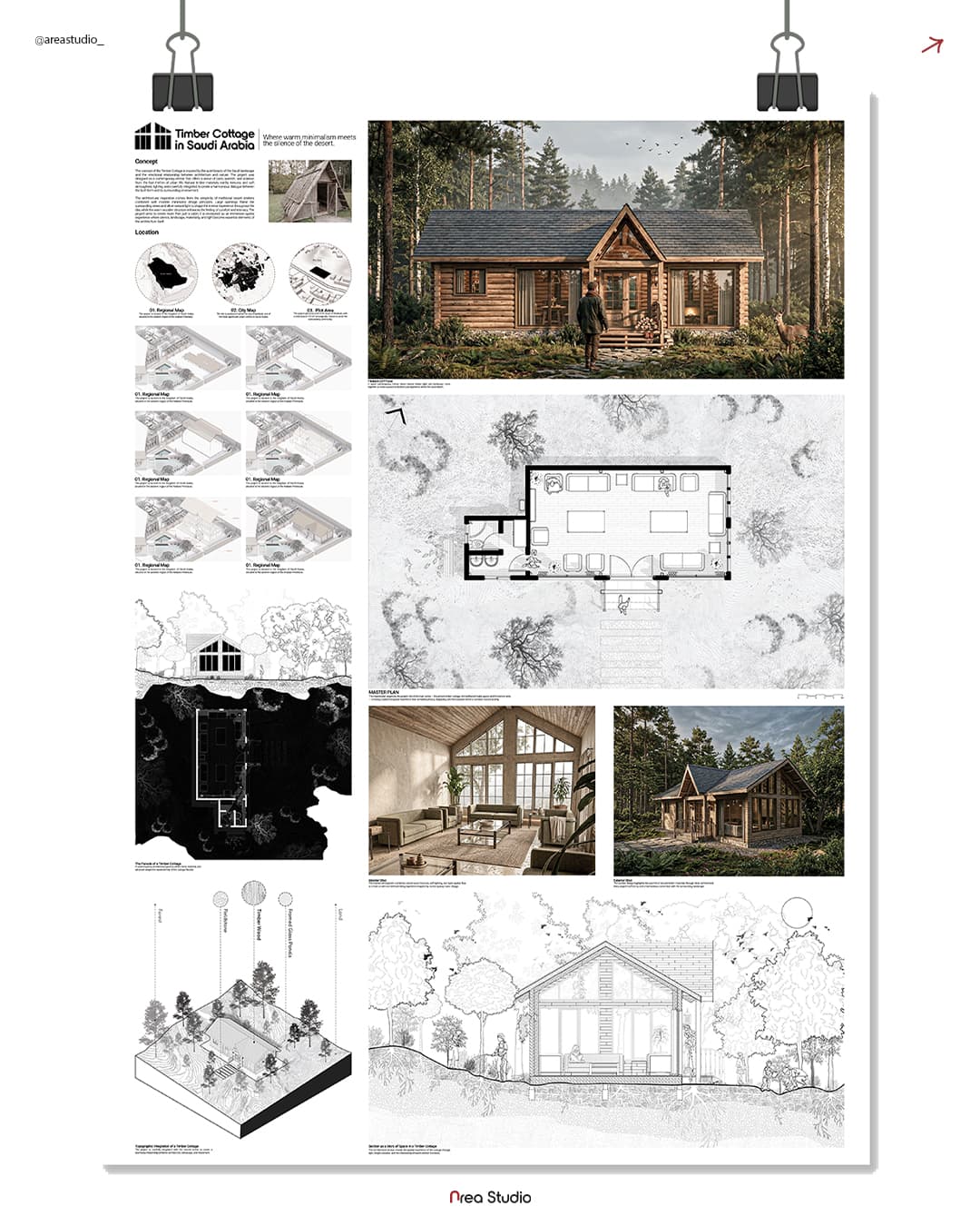 Planche de présentation architecturale d'un chalet en bois avec rendus, plans et schémas techniques.