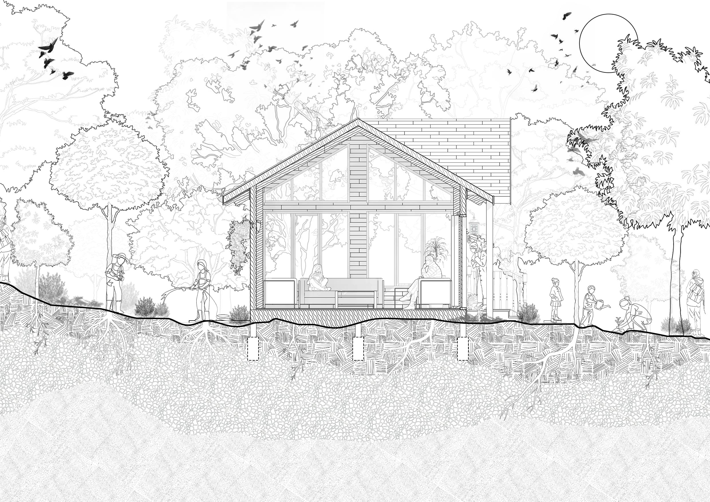 Coupe d'une maison forestière avec racines visibles, jardiniers et oiseaux volant dans le ciel.