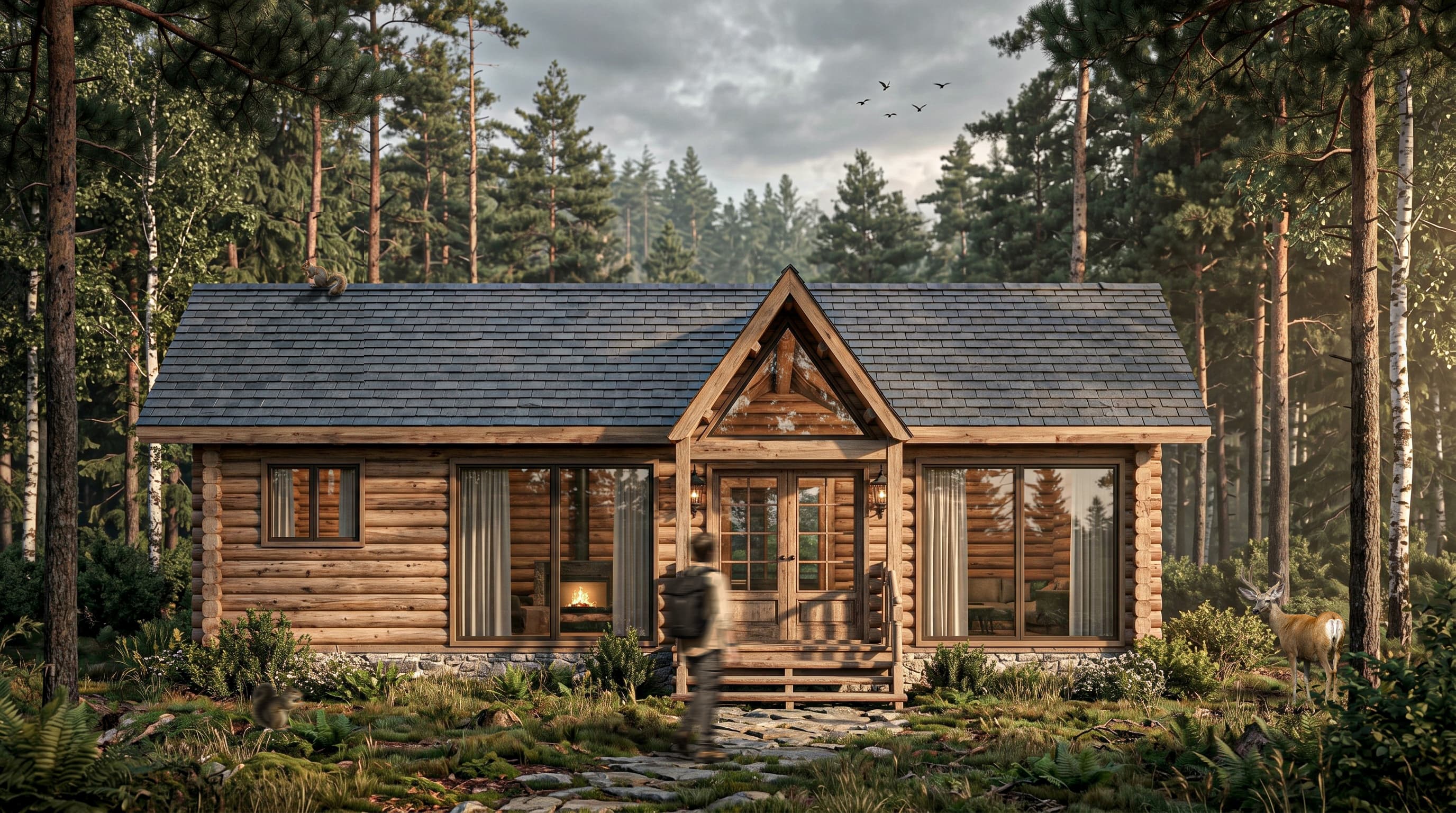 Chalet en bois rustique dans une forêt avec un cerf et un randonneur s'approchant.