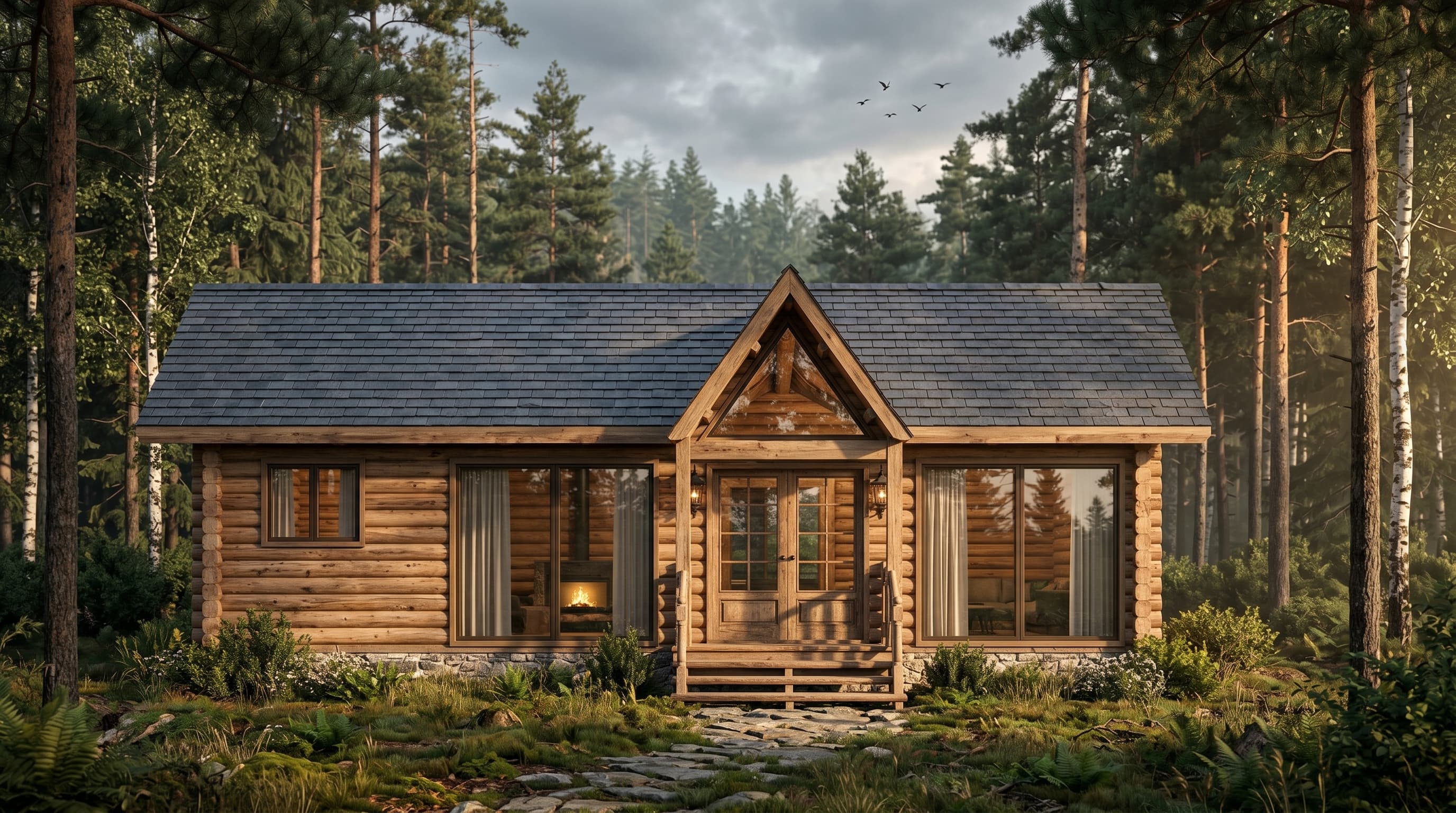 Chalet en bois rustique avec de grandes fenêtres niché dans une forêt de pins.