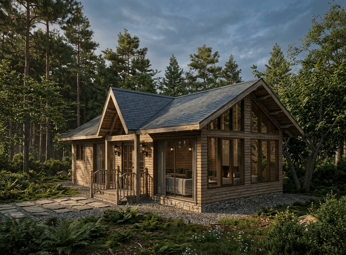 Chalet en bois rustique avec de grandes fenêtres niché dans une forêt dense au crépuscule.